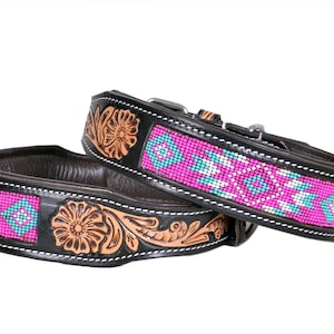 Personalized Western Dog Collar Beaded Hand Tooled Hand Crafted Padded Genuine Leather Floral AF10IS004