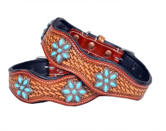 Personalized Western Dog Collar Hand Tooled Hand Crafted Padded Genuine Leather Floral AF10IS103