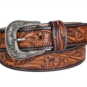 Personalized Genuine Leather Western Hand Tooled and Hand Painted Floral Belt  with Removable Buckle AF30HQ006