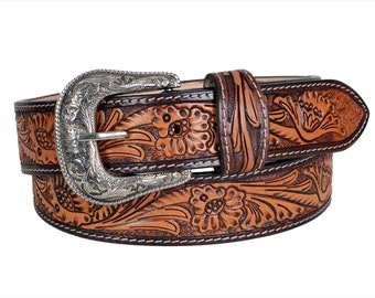 Western Hand Tooled Leather Belt - Etsy