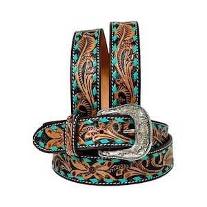 Personalized Hand Tooled Western Belt Genuine Leather Belt Floral Design Heavy Duty with Removable Buckle AF30WE004