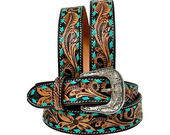 Personalized Hand Tooled Western Belt Genuine Leather Belt Floral Design Heavy Duty with Removable Buckle AF30WE004