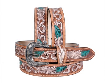 Personalized Genuine Leather Western Hand Tooled and Hand Painted Floral Belt  with Removable Buckle AF30HQ009