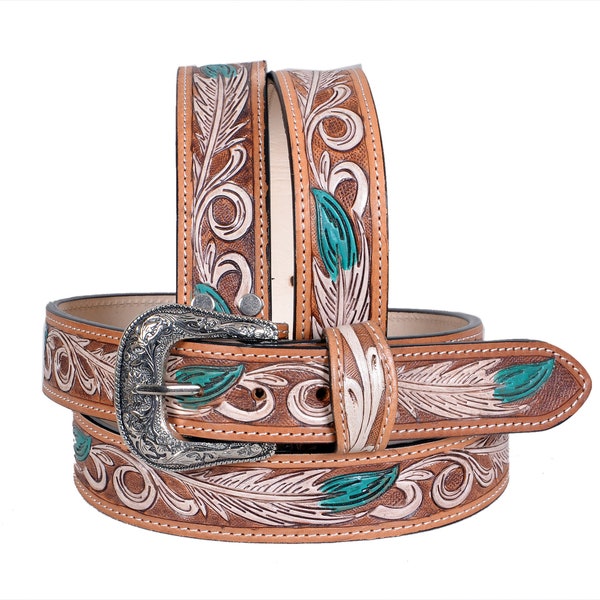 Personalized Genuine Leather Western Hand Tooled and Hand Painted Floral Belt  with Removable Buckle AF30HQ009