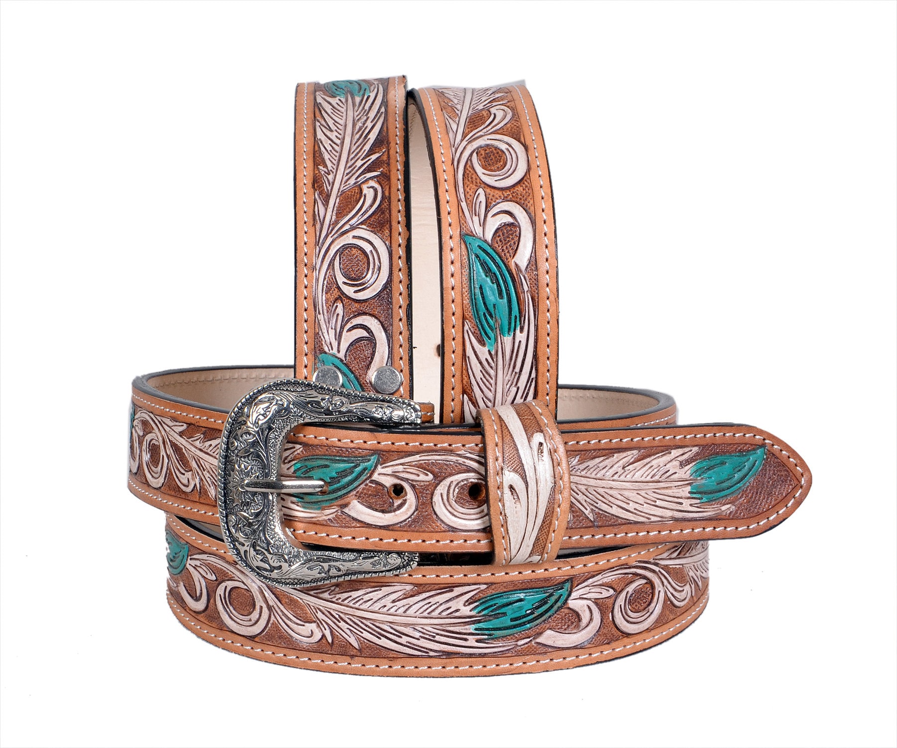 Personalized Genuine Leather Western Hand Tooled and Hand Painted Floral Belt with Removable Buckle AF30HQ009