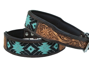 May include: Two leather dog collars with turquoise and black beading. The top collar has a brown leather design with floral patterns.