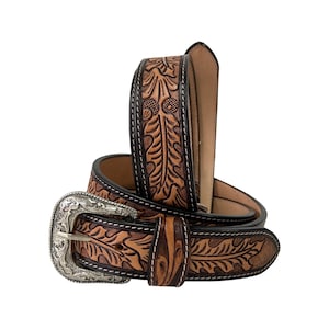 Personalized Hand Tooled Leather Western Belt: Personalized Floral Design, Removable Buckle