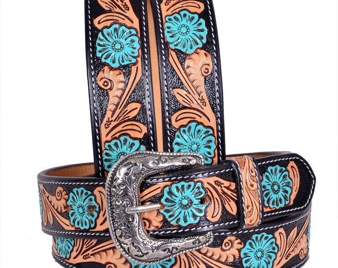 Personalized Genuine Leather Western Hand Tooled and Hand Painted Floral Belt  with Removable Buckle AF30IS003