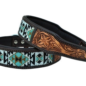 Personalized Western Dog Collar Beaded Hand Tooled Hand Crafted Padded Genuine Leather Floral AF10AB006