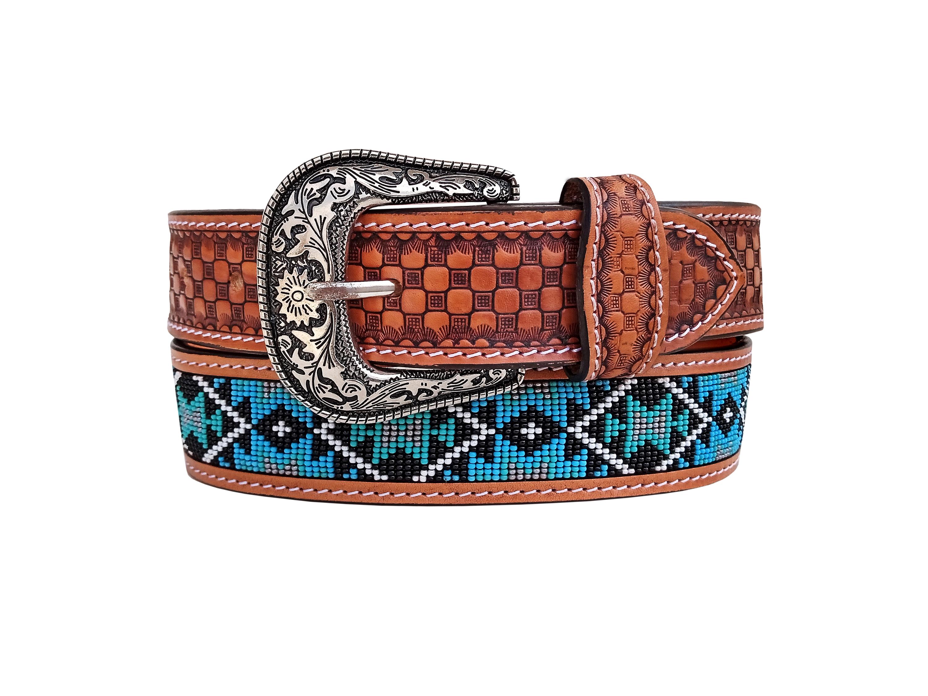 Handmade Beaded Western Leather Belt: Personalized Rodeo Tooled Belt