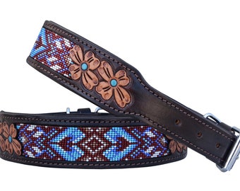 Personalized Western Dog Collar Beaded Hand Tooled Hand Crafted Padded Genuine Leather Floral AF10AB032