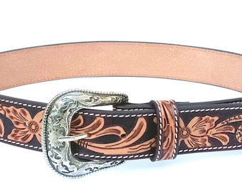 Cintura Western In Pelle Lavorata A Mano: Motivo Floreale, Fibbia Rimovibile - Italia - Foto 5