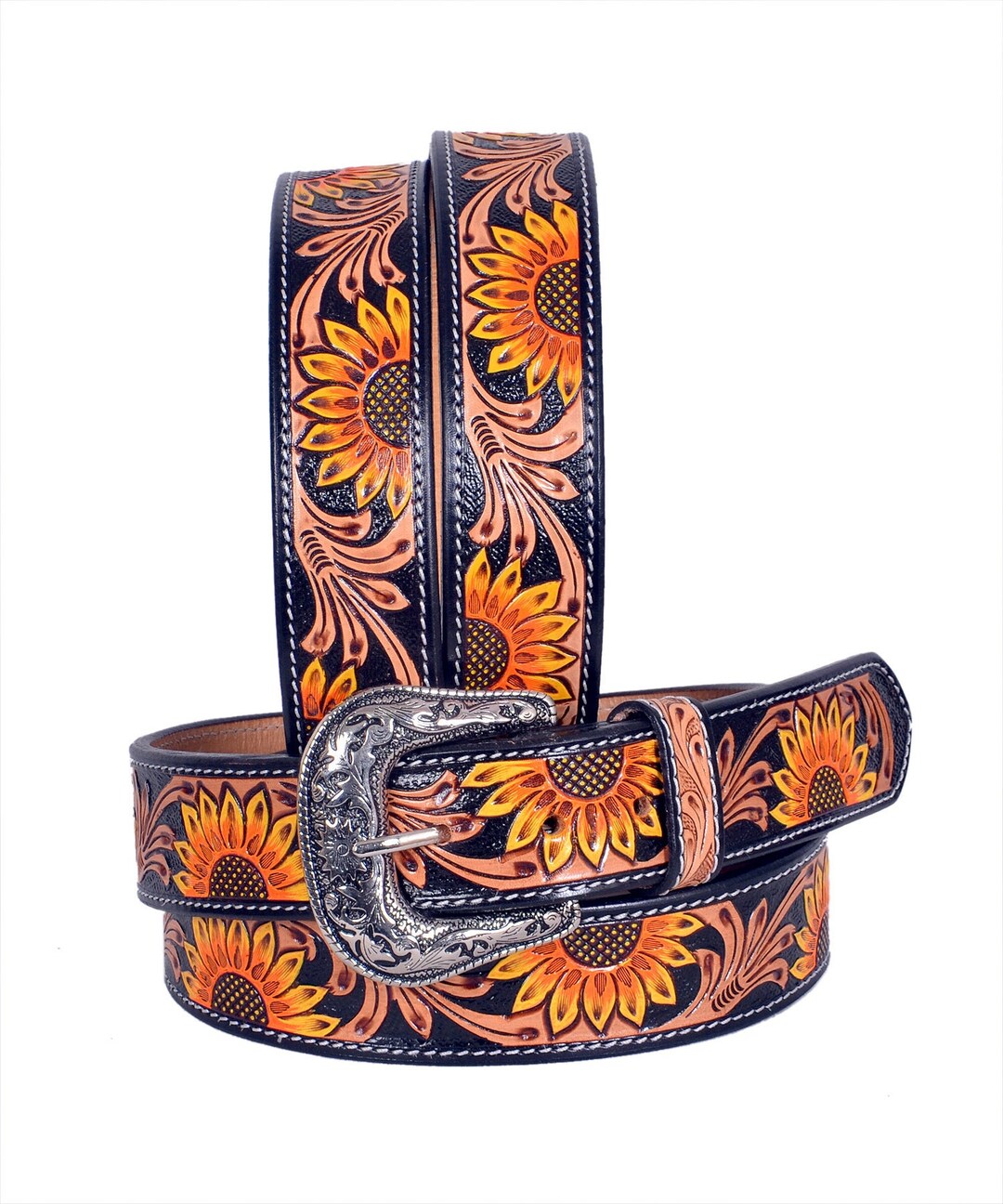 3648 Western Genuine Leather Tooled Belt With Hand Painted Flower Custom Hand Tooled Belt | Floral #2 main image 3