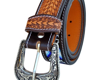 Handmade Western Rodeo Heavy Duty Beaded Full-grain Leather Belt