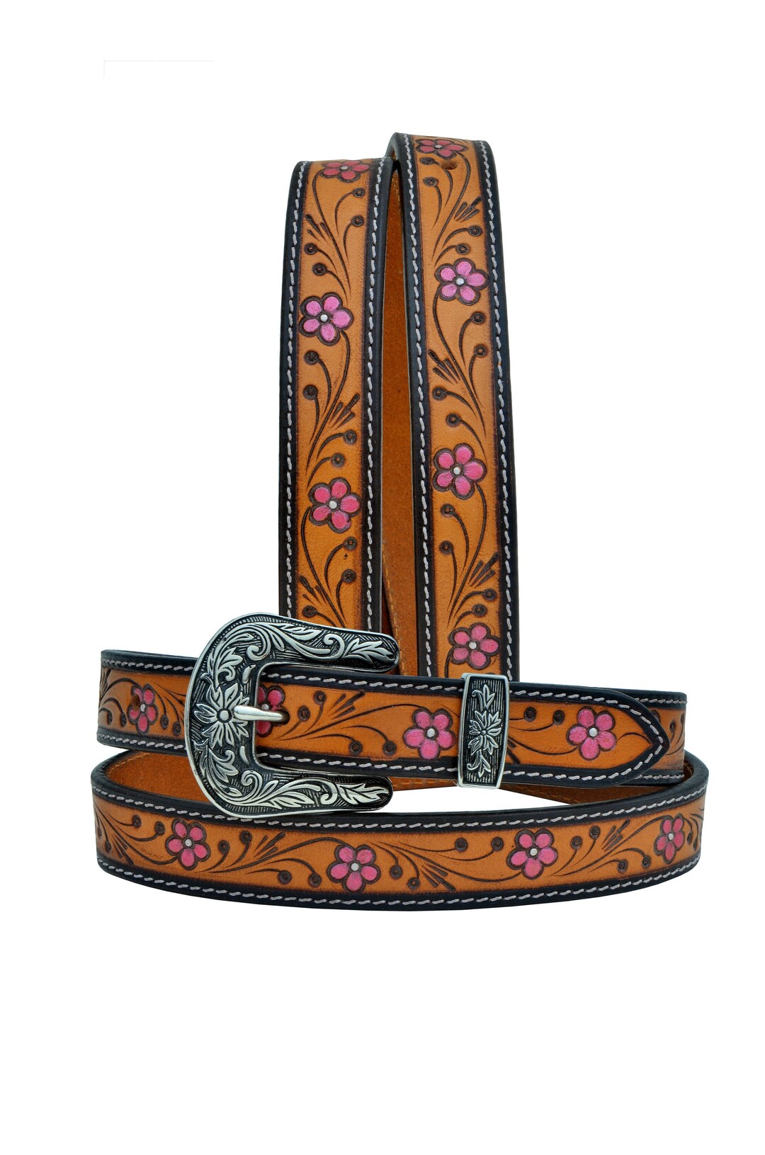 Western Belt - Light Floral Tooled Leather
