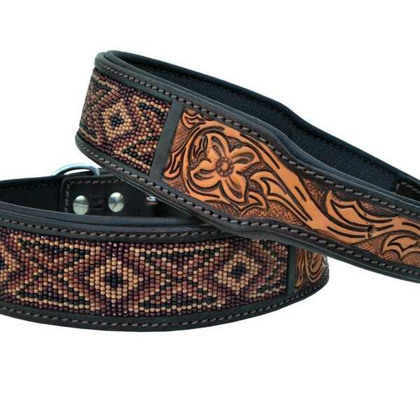 Personalized Western Dog Collar Beaded Hand Tooled Hand Crafted Padded Genuine Leather Floral AF10AB019