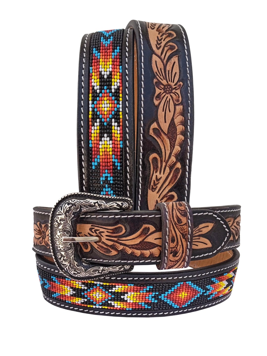 Western Boho Floral Tooled Leather Belt With Bead Embellished Cross Buckle Accessories | Western Boho Floral Tooled Leather Belt With  main image 2