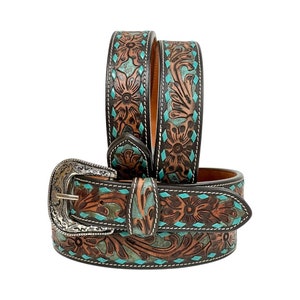 Personalized Hand Tooled Western Leather Belt Antique Finish With Teal Buckstitch Floral Design Heavy Duty Belt, Removable Buckle AF30AB111
