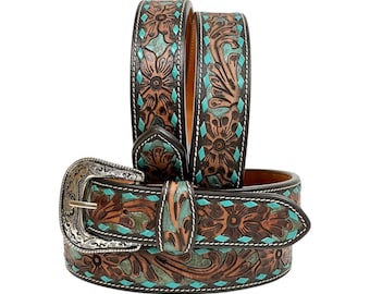 Personalized Hand Tooled Western Leather Belt Antique Finish With Teal Buckstitch Floral Design Heavy Duty Belt, Removable Buckle AF30AB111
