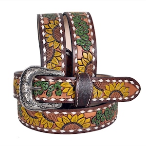 Personalized Genuine Leather Western Hand Tooled and Hand Painted Floral Belt  with Removable Buckle AF30HQ010