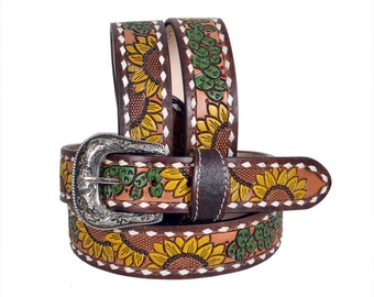 Handgefertigter Leder-Westerngürtel: Floral punziert, mit abnehmbarer Schnalle, personalisierbar
