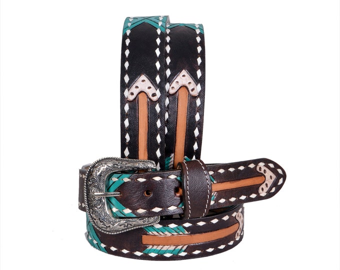 Personalized Genuine Leather Western Hand Tooled and Hand Painted Floral Belt  with Removable Buckle AF30HQ011