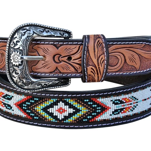 Genuine Leather Western Belt with Handtooled Design and Beads Bar H Equine Hand Tooled Genuine Leather Crafted Unisex  main image 4