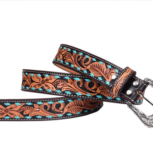 Tooled Western Floral Engraved Leather Belt 100 Genuine Full Etsy