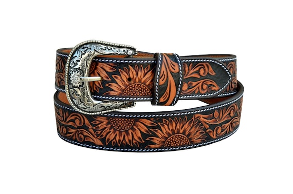 Personalized Genuine Leather Western Hand Tooled and Hand Painted Floral Belt with Removable Buckle AF30AB101