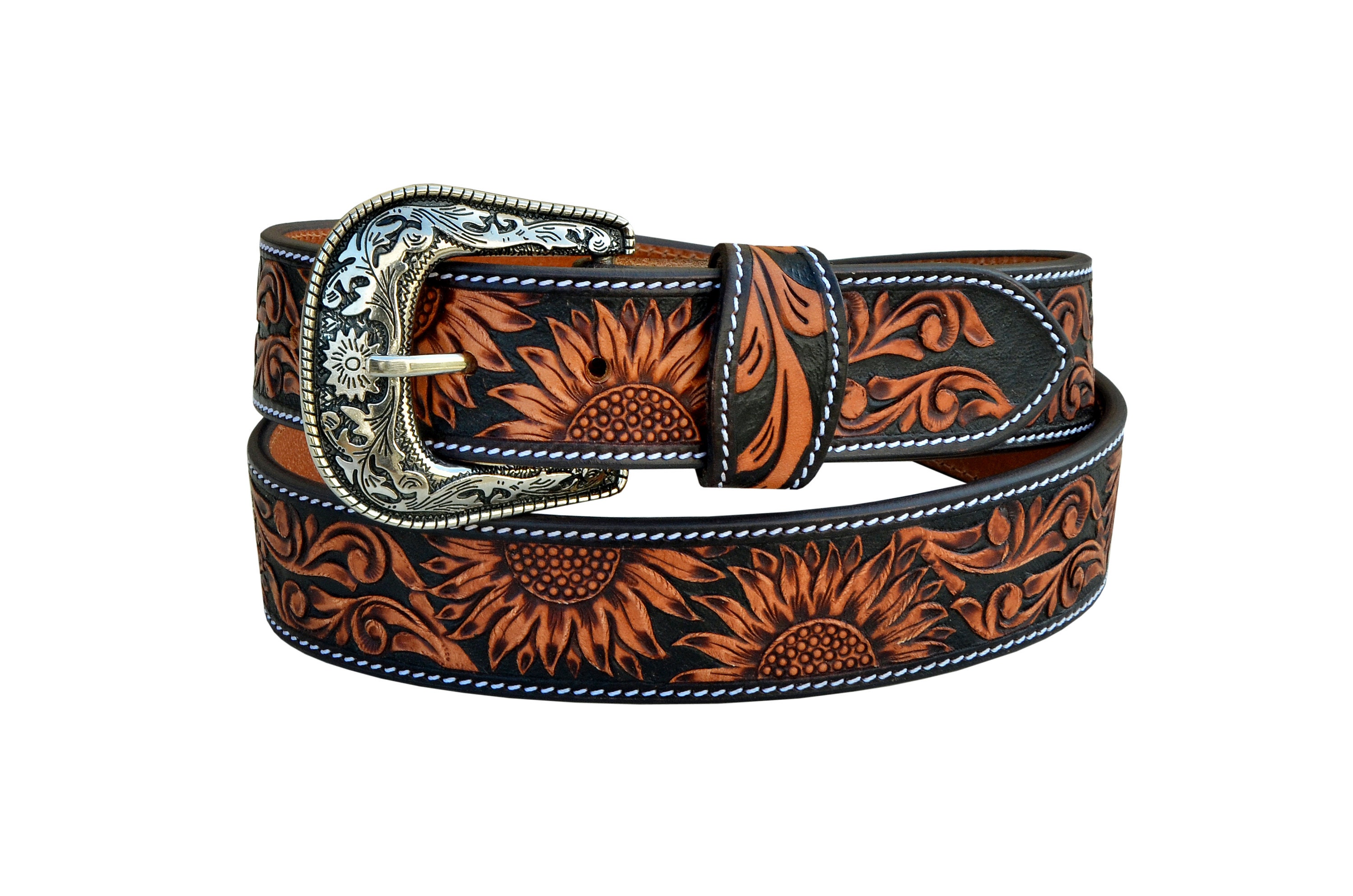 Personalized Genuine Leather Western Hand Tooled and Hand Painted Floral Belt with Removable Buckle AF30AB101