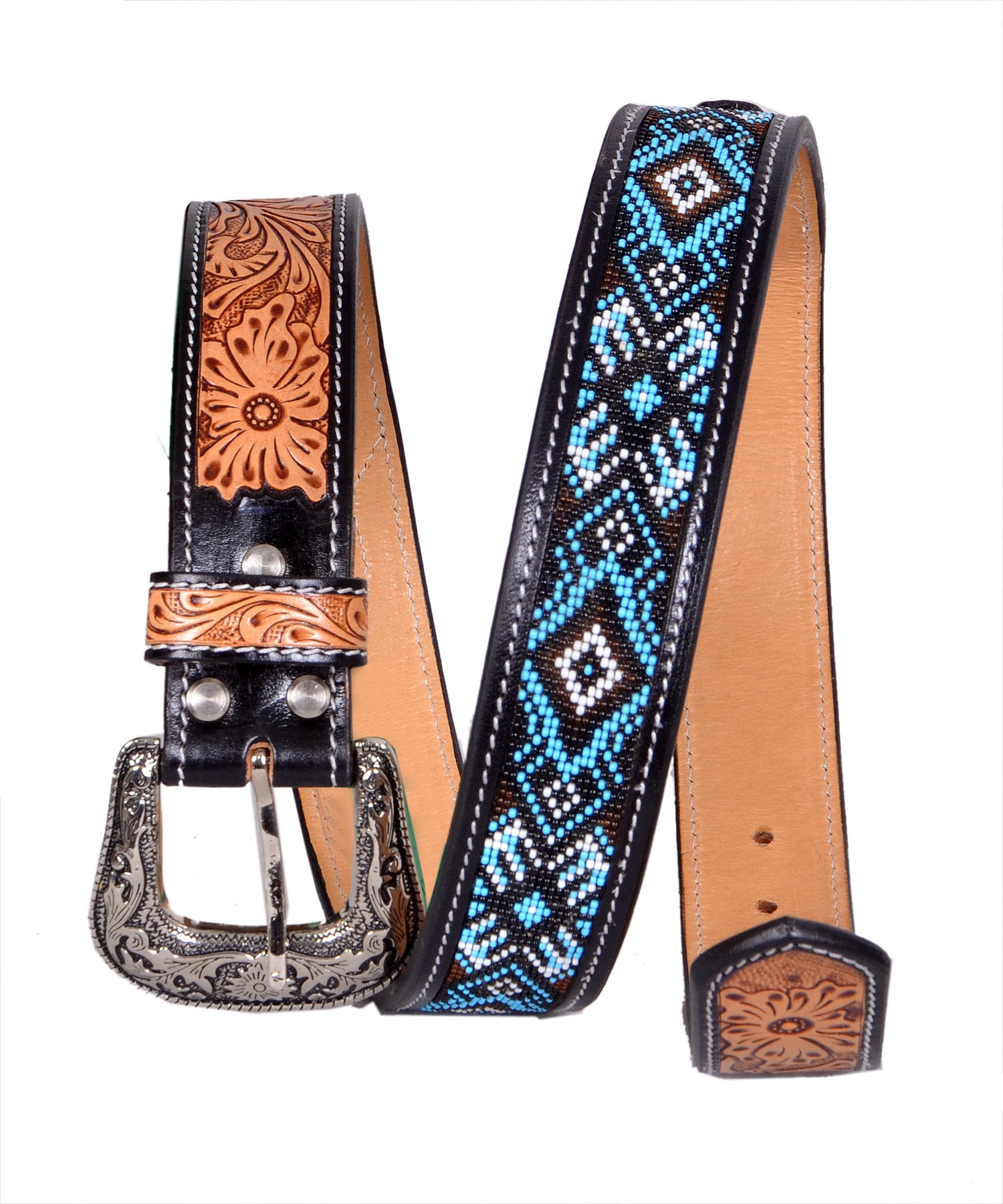 1833 Western Beaded Belts For Young Adults Tooled Leather Heavy Duty Heavy Duty Brown Tooled Leather Western Belt with Blue  main image 2