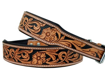 Personalized Western Dog Collar Hand Tooled Hand Crafted Padded Genuine Leather Floral AF10AB105