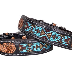 Personalized Western Dog Collar Beaded Hand Tooled Hand Crafted Padded Genuine Leather Floral AF10IS009