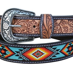 Personalisierte handgefertigte Western Rodeo Hochleistungsperlen-Vollnarbenledergürtel Unisex mit abnehmbarer Schnalle AF30AB002