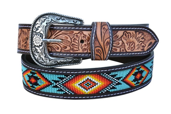 Personalized Handmade Western Rodeo Heavy Duty Beaded Full-Grain Leather Belt Unisex with Removable Buckle AF30AB002