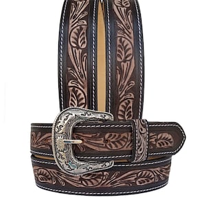 Handmade Tooled Leather Western Belt: Floral Design, Removable Buckle