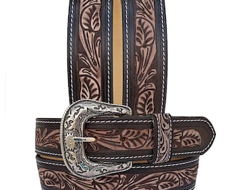Handmade Tooled Leather Western Belt: Floral Design, Removable Buckle