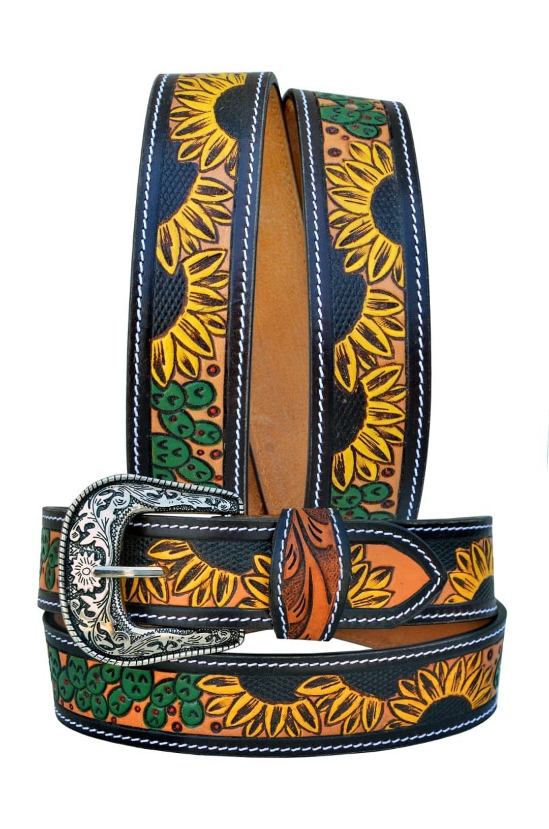 Personalized Hand Tooled Leather Western Belt: Sunflower  display picture 2