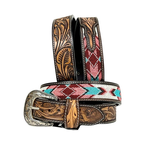Personalized Handmade Western Rodeo Heavy Duty Beaded Full-Grain Leather Belt Unisex with Removable Buckle  AF30HQ109