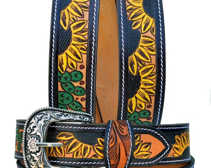 Personalized Genuine Leather Western Hand Tooled and Hand Painted Floral Belt  with Removable Buckle AF30AB105