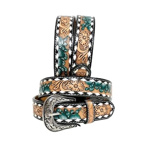 Personalized Handmade Floral Tooled Leather Western Belt: Removable Buckle