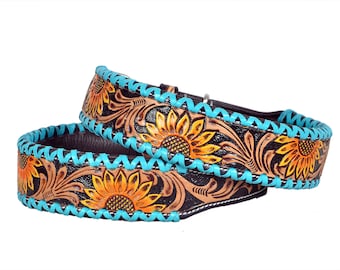 Personalized Western Dog Collar Hand Tooled Hand painted Padded Genuine Leather Sunflower AF10IS105
