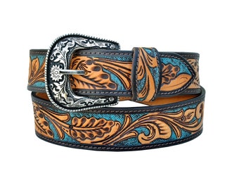 Personalized Genuine Leather Western Hand Tooled and Hand Painted Floral Belt  with Removable Buckle AF30AB104