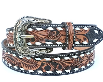 Personalized Hand Tooled Western Belt Genuine Leather With White Lacing Floral Design Heavy Duty and Removable Buckle AF30WE005