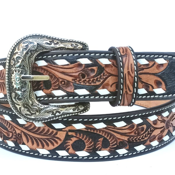 Personalized Hand Tooled Western Belt Genuine Leather With White Lacing Floral Design Heavy Duty and Removable Buckle AF30WE005