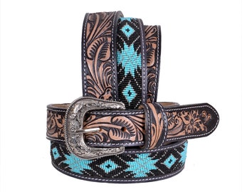 Personalized Handmade Beaded Leather Western Belt: Full-grain