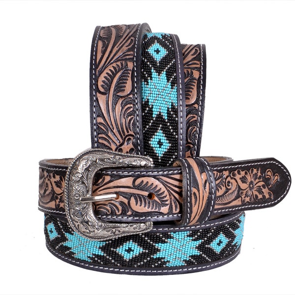 Personalizable Handmade Western Rodeo Heavy Duty Beaded Full-Grain Leather Belt Unisex with Removable Buckle  AF30HQ113