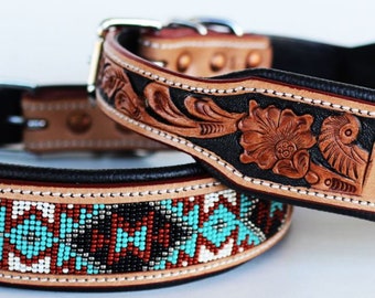 western tooled leather dog collars