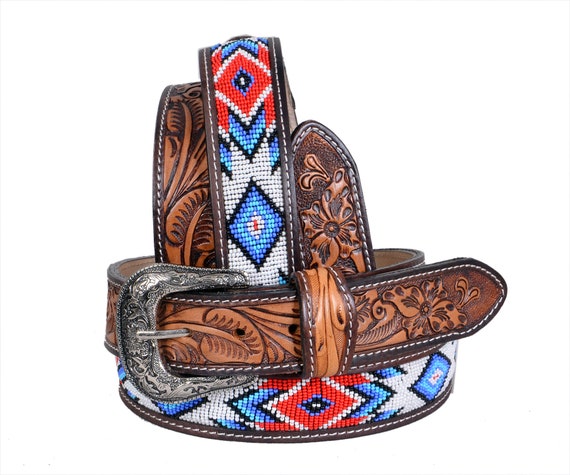 Handmade Beaded Leather Western Belt: Full-Grain Rodeo Style Personalized