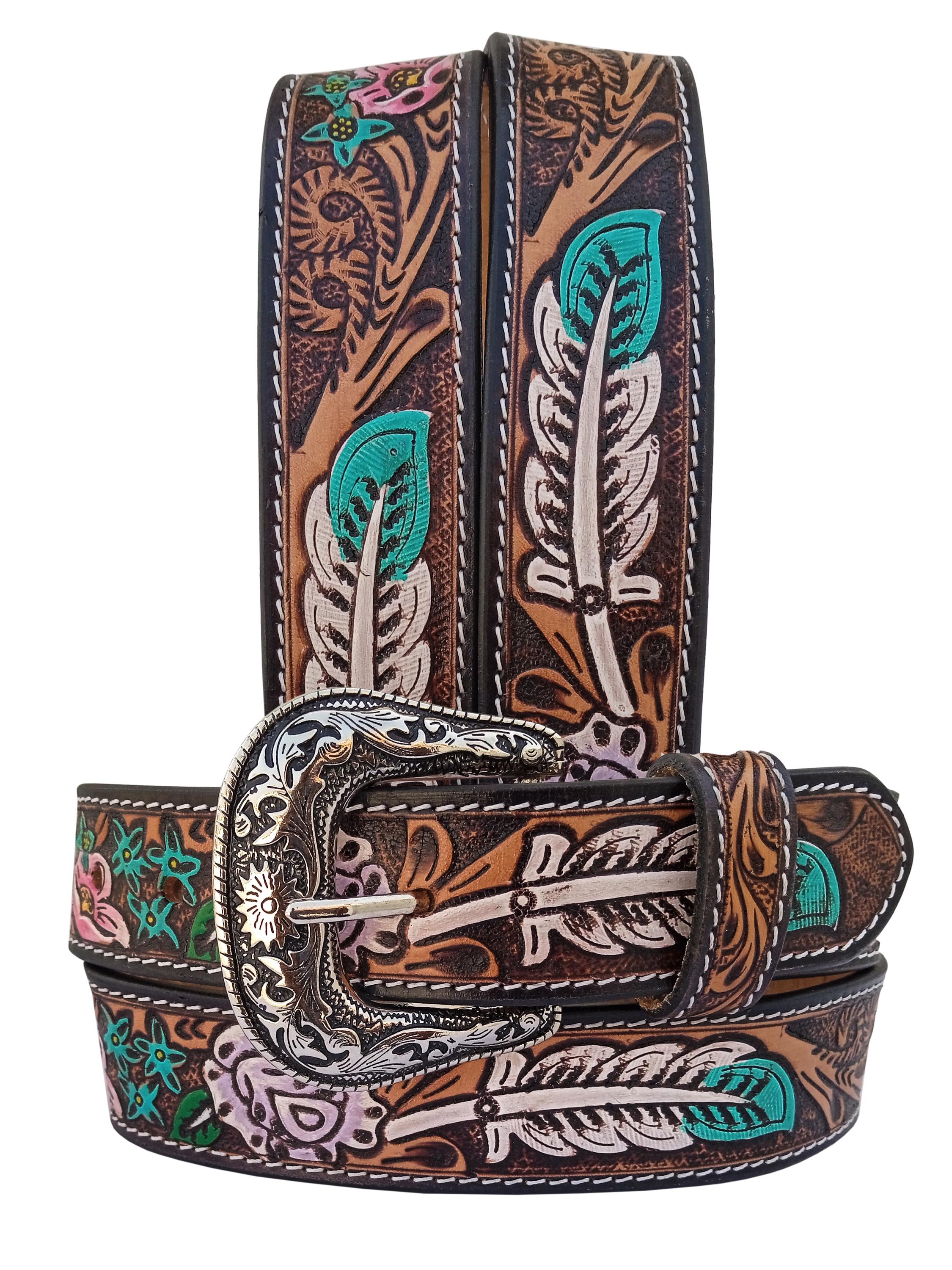 4614 Western Genuine Leather Tooled Belt With Hand Painted Design Custom Hand Tooled Belt | Floral #4 main image 3